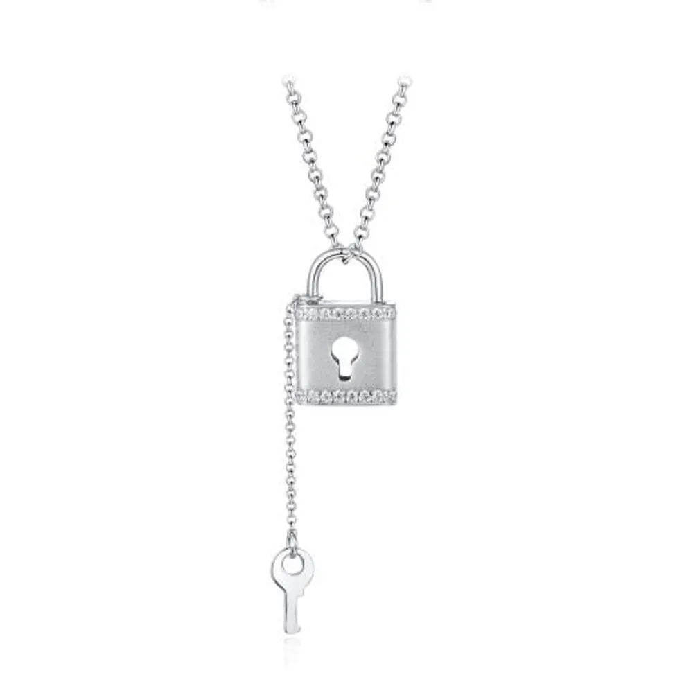 Sterling Silver 19" Cubic Zirconia Lock and Key Pendant