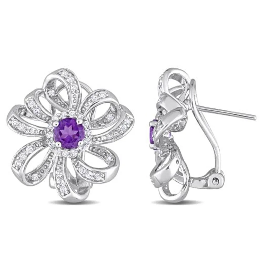 Julianna B Sterling Silver African Amethyst & White Topaz Floral Clip Earrings