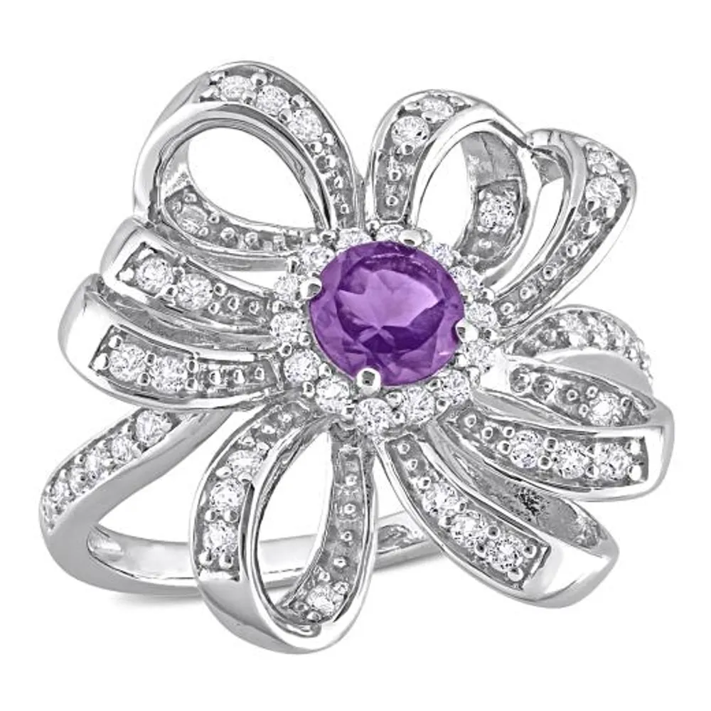 Julianna B Sterling Silver African Amethyst and White Topaz Flower Cocktail Ring