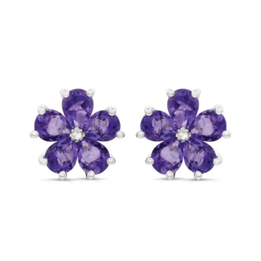 Sterling Silver Amethyst and Diamond Flower Earrings