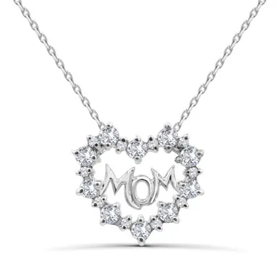 Sterling Silver Created White Sapphire Mom Heart Necklace