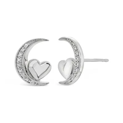 Sterling Silver Diamond Heart Moon Earrings