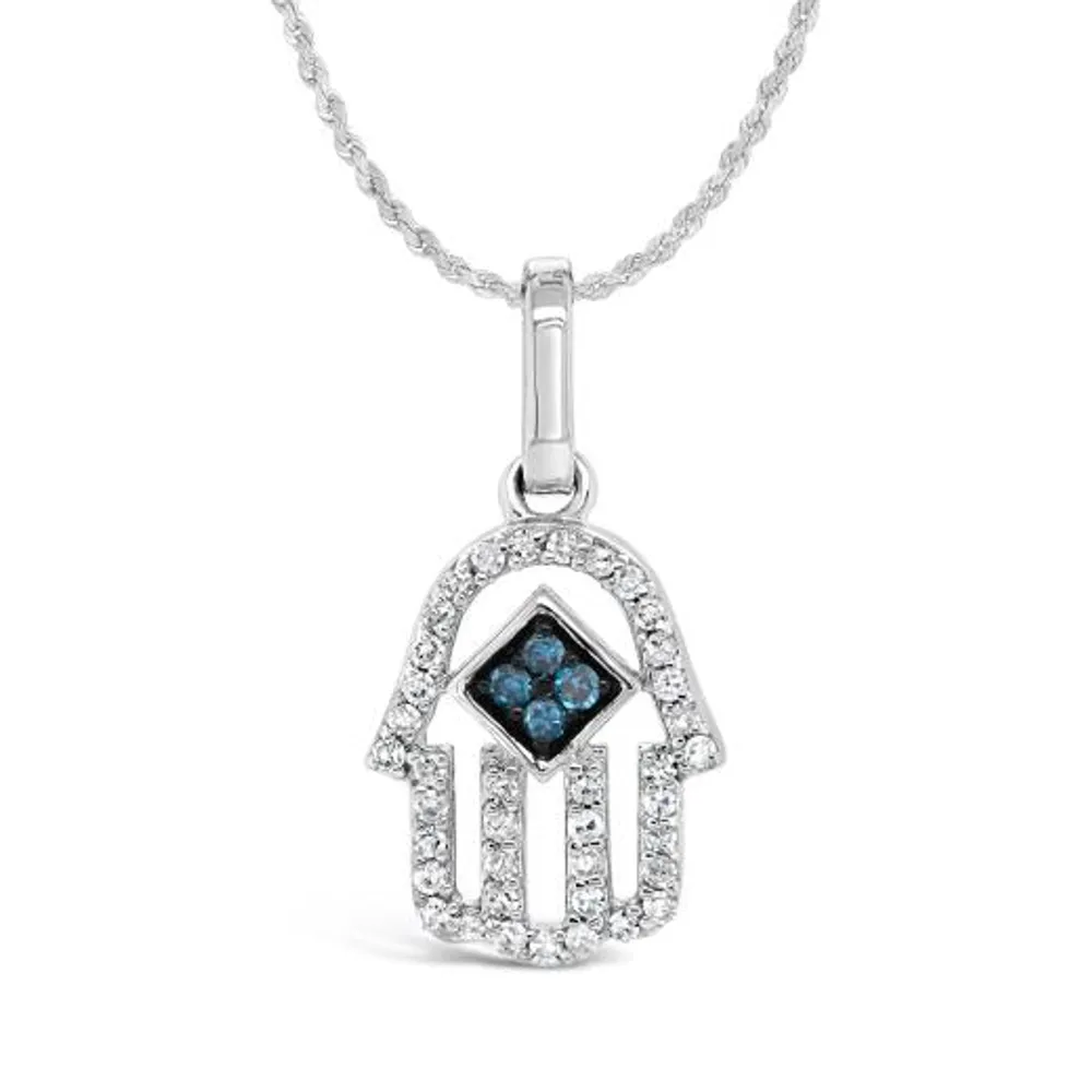 Sterling Silver 0.10CTW White & Blue Diamond Hamsa Pendant