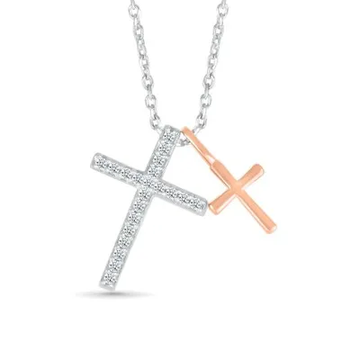 Sterling Silver & Rose Gold Diamond Crosses Necklace
