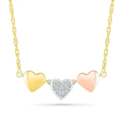 10K Tri-Colour Gold Heart Trio Diamond Necklace