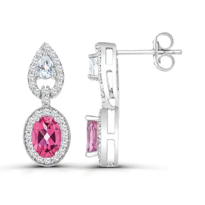Sterling Silver Pink Topaz and White Topaz Dangle Earrings