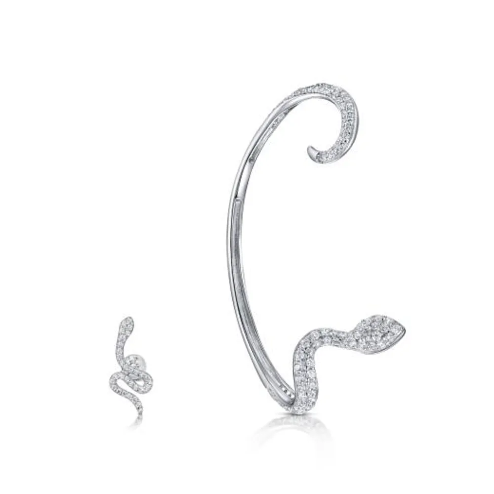 Sterling Silver Cubic Zirconia Right Snake Ear Cuff and Stud