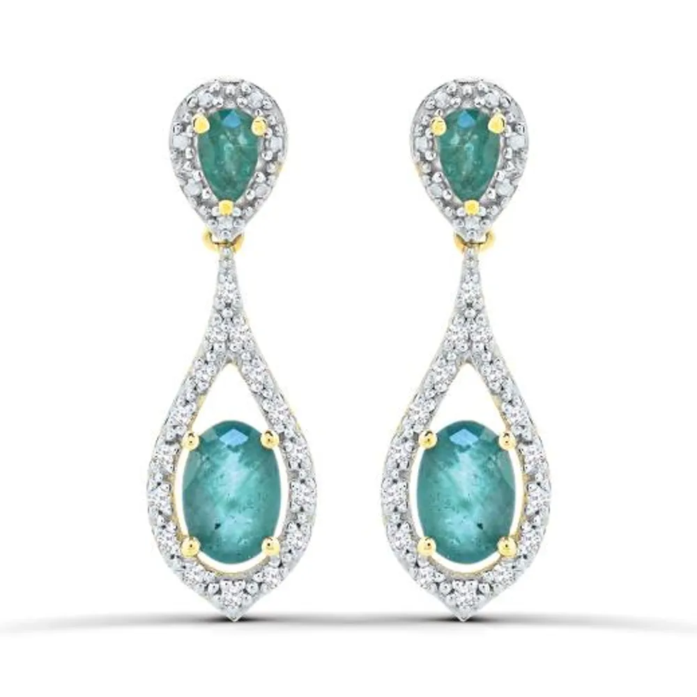 10K Yellow Gold Emerald and Diamond Dangle Earrings