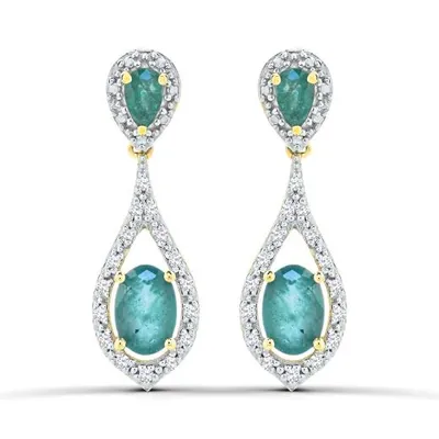 10K Yellow Gold Emerald and Diamond Dangle Earrings