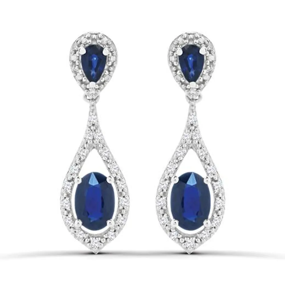 10K White Gold Blue Sapphire and Diamond Dangle Earrings