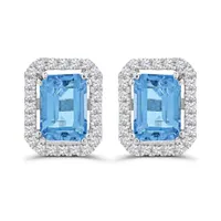 10K White Gold Swiss Blue Topaz & White Zircon Stud Earrings