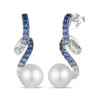 14K Vanilla Gold Pearl & Blueberry Sapphire Earrings