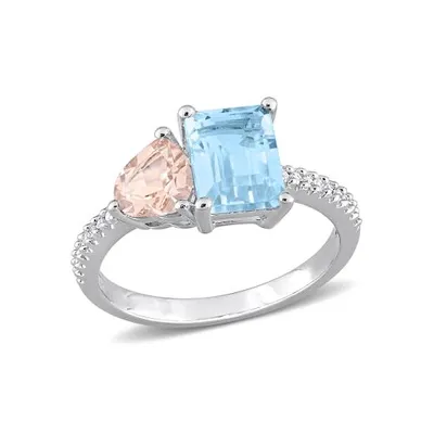 Julianna B Sterling Silver 0.10CTW Diamond, Blue Topaz & Morganite Ring