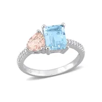 Julianna B Sterling Silver 0.10CTW Diamond, Blue Topaz & Morganite Ring