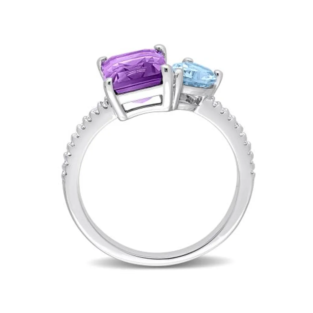 Julianna B Sterling Silver 0.09CTW Diamond, Blue Topaz & Amethyst Ring