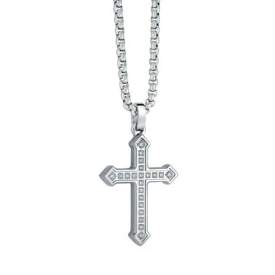 Stainless Steel White Cubic Zirconia Roman Cross Necklace
