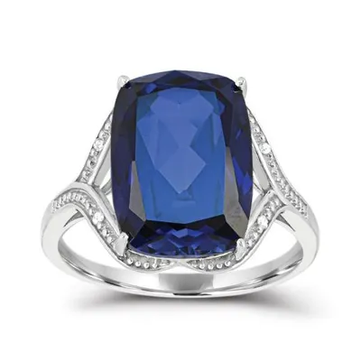 Sterling Silver Created Blue Sapphire & Diamond Ring