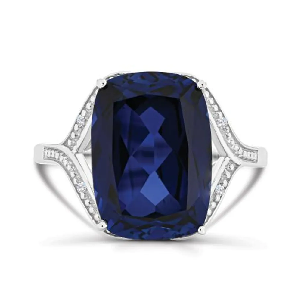 Sterling Silver Created Blue Sapphire & Diamond Ring