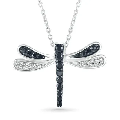 Sterling Silver 0.23CTW Black & White Diamond Dragonfly Pendant