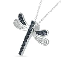 Sterling Silver 0.23CTW Black & White Diamond Dragonfly Pendant