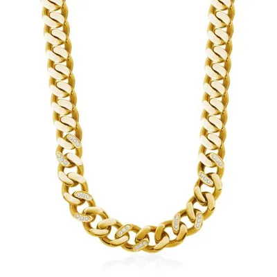Stainless Steel 12mm 22" Cubic Zirconia Accent Cuban Chain with Gold Plating