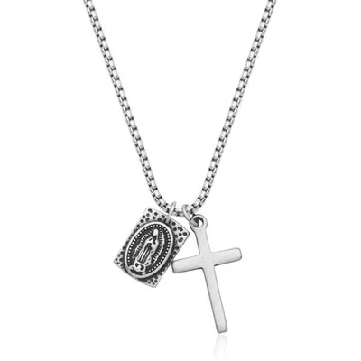 Stainless Steel 24" Cross & Medallion Amulet Pendant