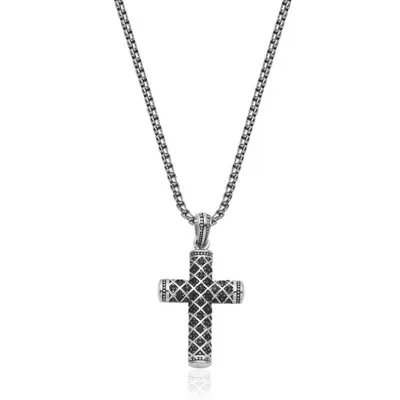 Stainless Steel 24" Cross Pendant with Black Cubic Zirconia