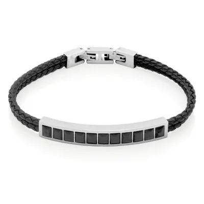 Stainless Steel 8.25+0.5" Black Cubic Zirconia Leather Bracelet