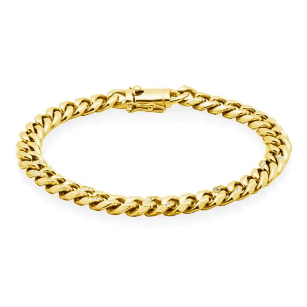 Stainless Steel 8mm 8.5" Cubic Zirconia Accent Cuban Gold Plated Bracelet