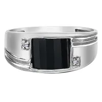 10K White Gold Barrel Cut Onyx & Diamond Men's Ring