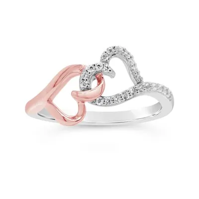Sterling Silver and 10 Karat Rose Gold 0.11CTW Diamond Double Heart Promise Ring
