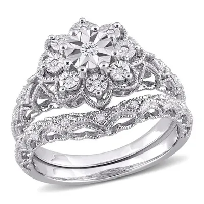 Julianna B Sterling Silver 0.10CTW Vintage Design Diamond Bridal Set