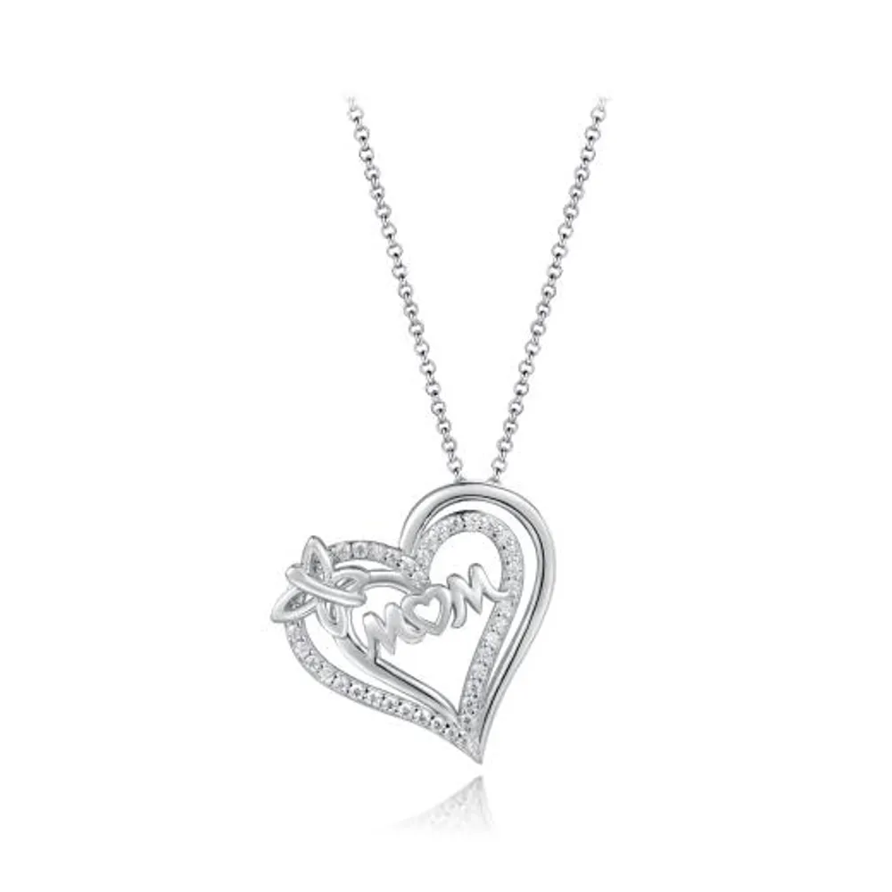 Sterling Silver Cubic Zirconia Butterfly 19" Mom Heart Pendant