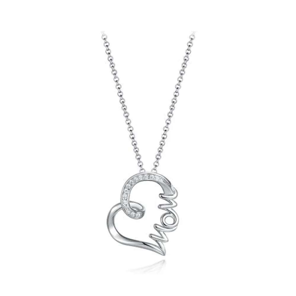 Sterling Silver Cubic Zirconia 19" Mom Heart Pendant