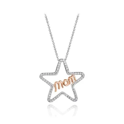 Sterling Silver Rose Plated Cubic Zirconia 19" Mom Star Pendant