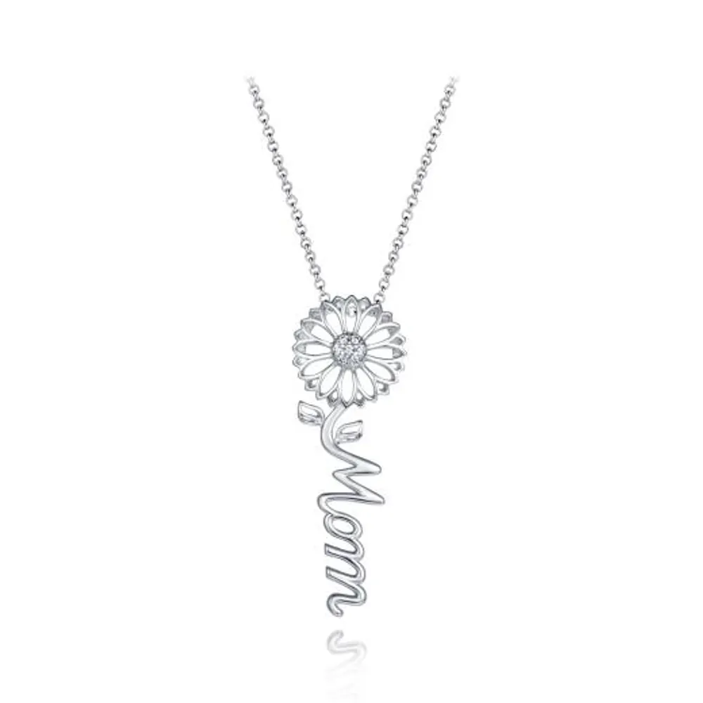 Sterling Silver Cubic Zirconia 19" Mom Flower Pendant