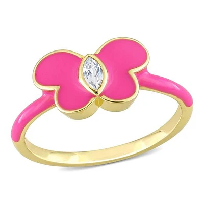 Julianna B Sterling Silver Yellow Plated Created White Sapphire Pink Enamel Ring