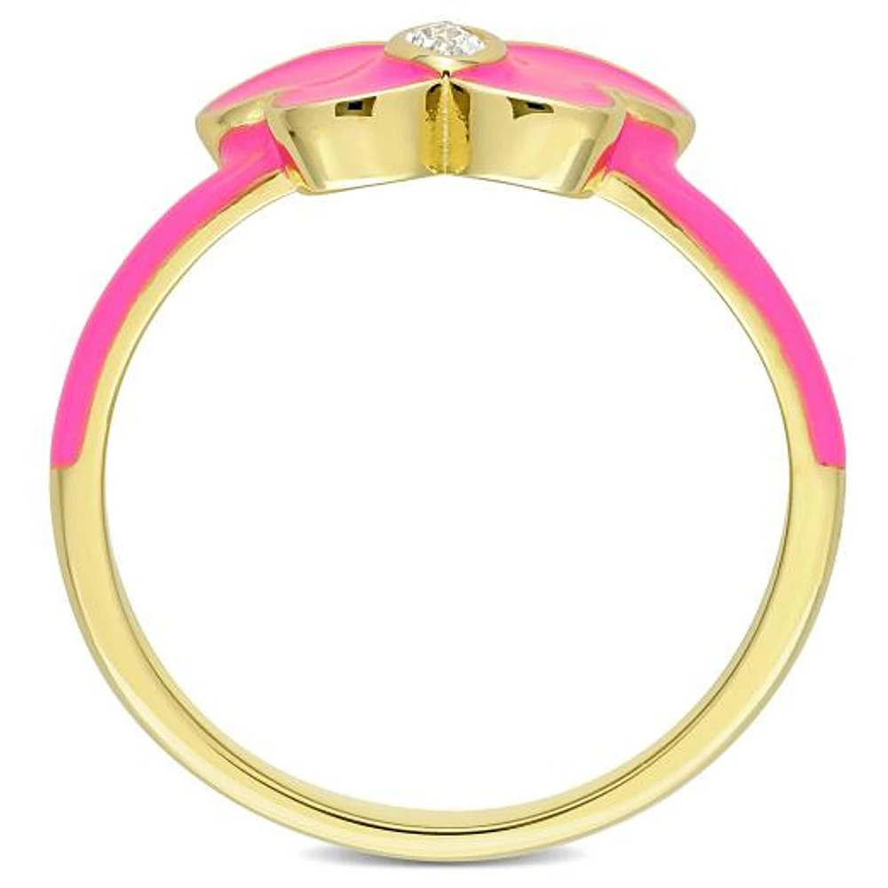 Julianna B Sterling Silver Yellow Plated Created White Sapphire Pink Enamel Ring