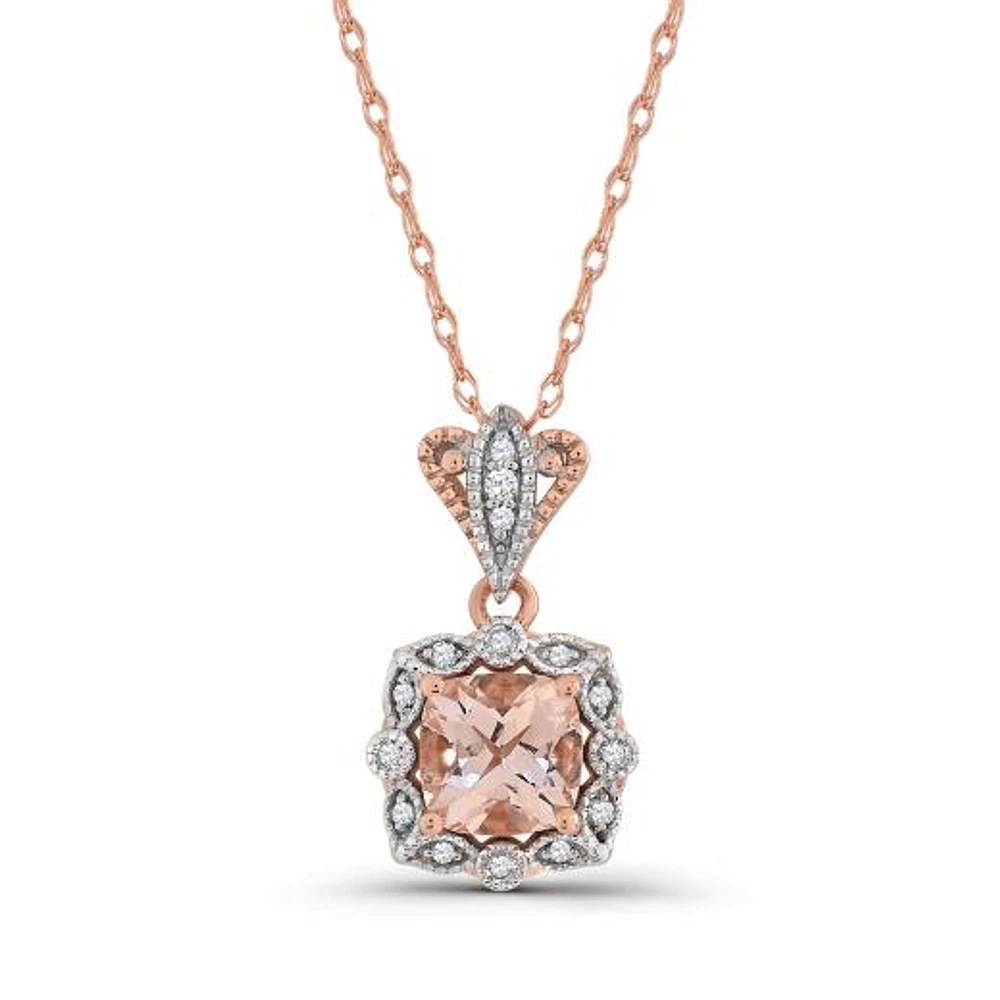 10K Rose Gold Morganite and Diamond 17" Pendant