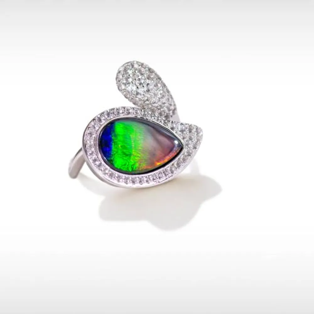 Korite Blossom Ammolite and White Topaz Ring