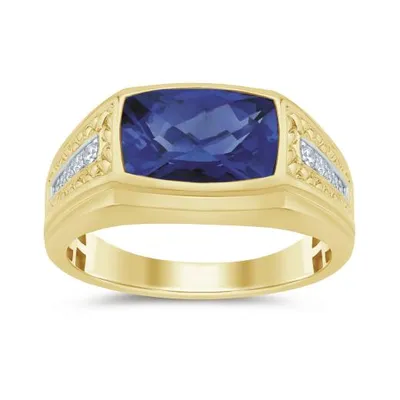 10K Yellow Gold Created Sapphire & Diamond Ring