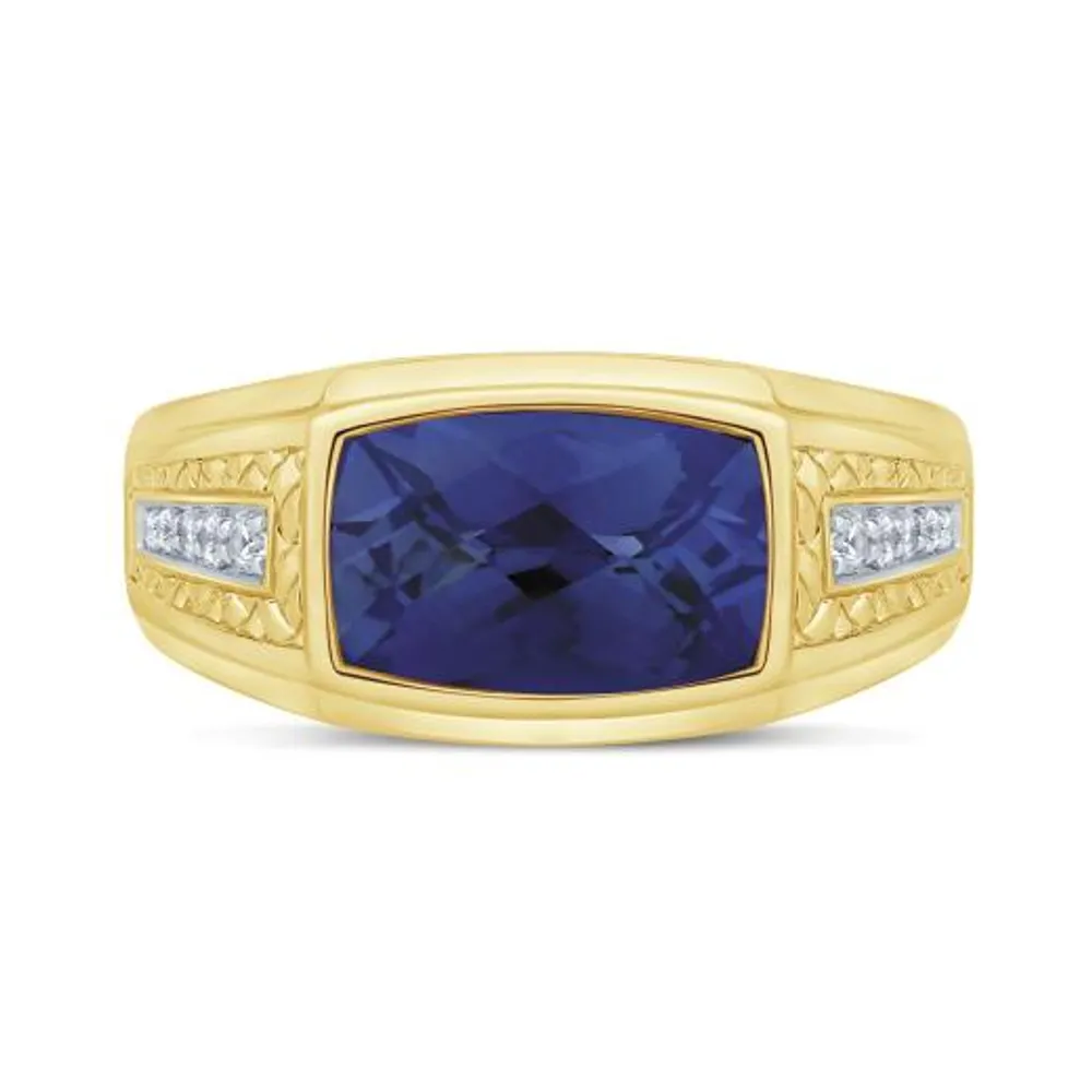 10K Yellow Gold Created Sapphire & Diamond Ring