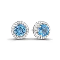 Sterling Silver Swiss Blue Topaz and White Topaz Halo Earrings