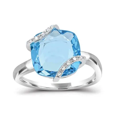 10K White Gold Swiss Blue Topaz & Diamond Ring