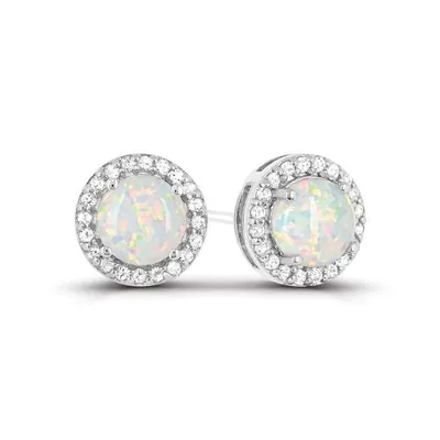 Sterling Silver Created Opal and Created White Sapphire Halo Earrings