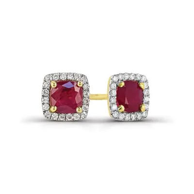 14K Yellow Gold Ruby and Diamond Halo Earrings