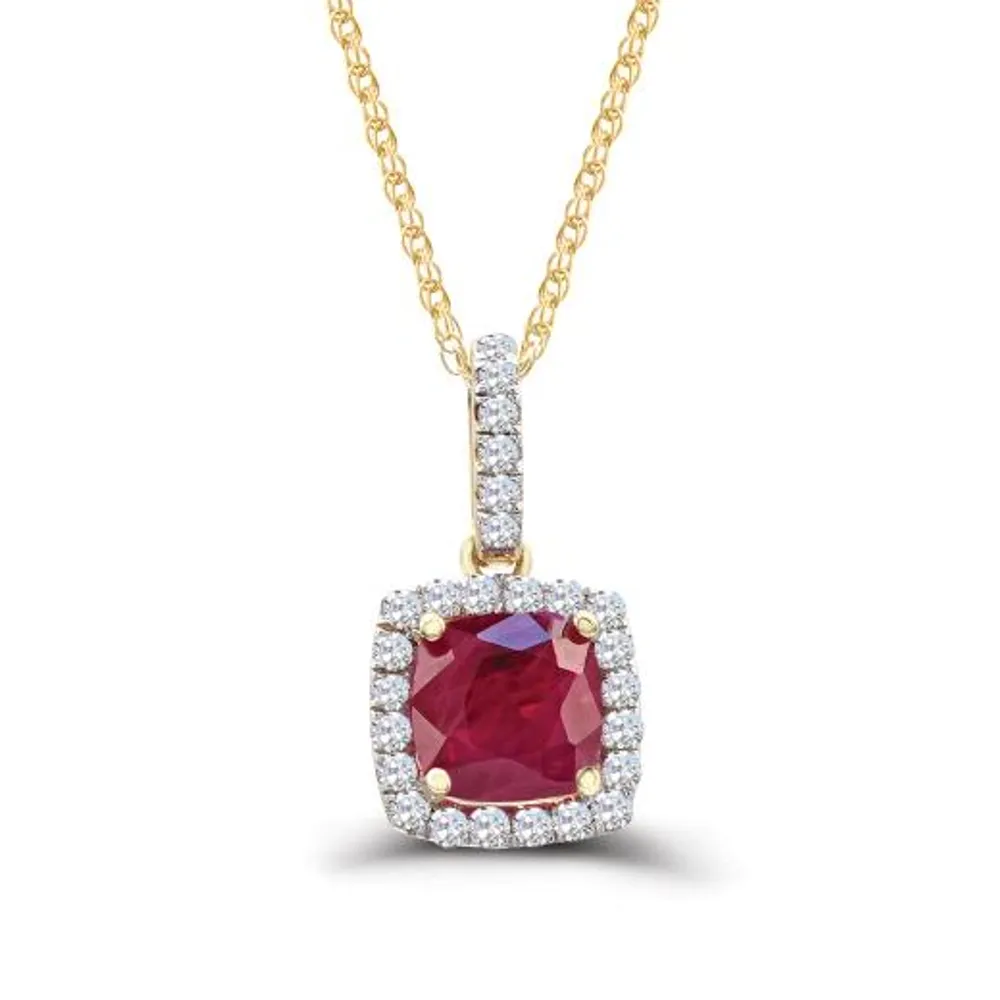 14K Yellow Gold Ruby and Diamond Halo Pendant