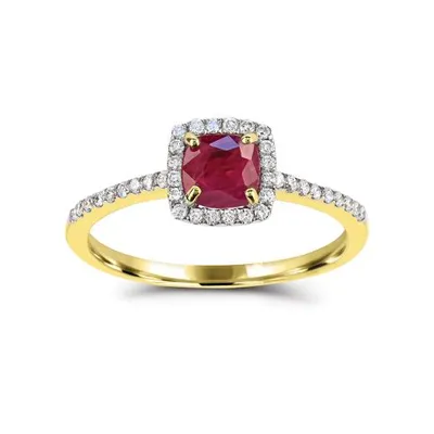 14K Yellow Gold Ruby and Diamond Halo Ring
