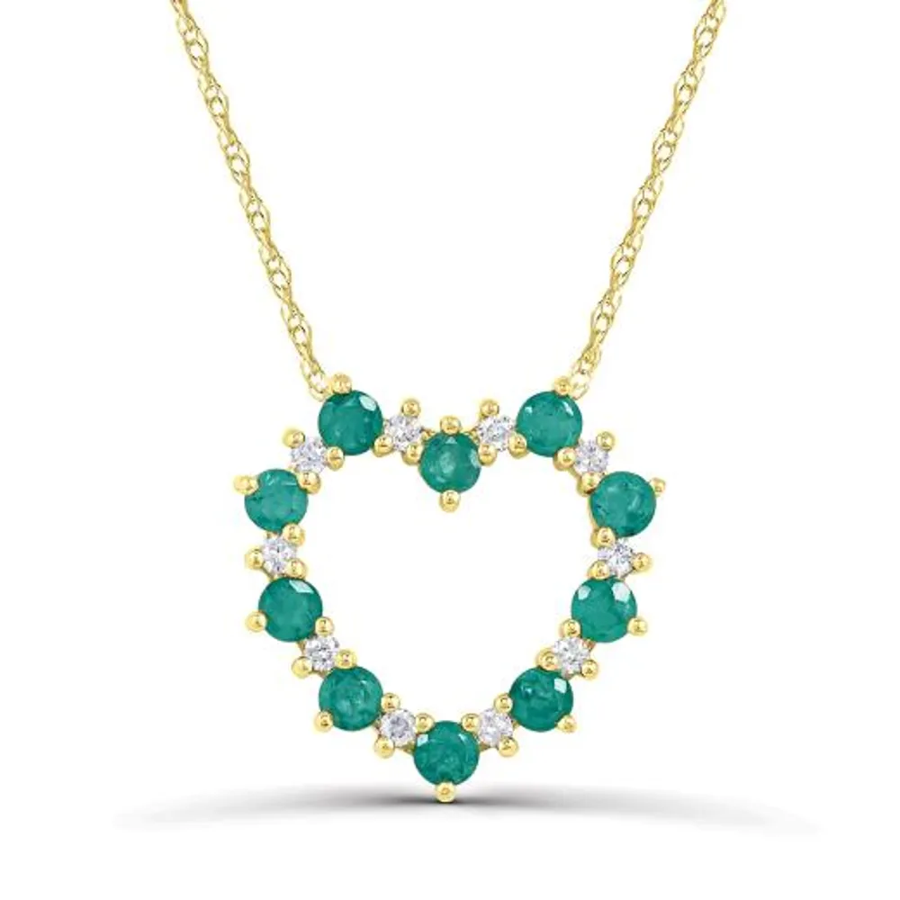 14K Yellow Gold Emerald and Diamond Heart Pendant