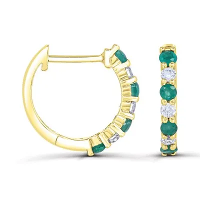 14K Yellow Gold Emerald and Diamond Hoop Earrings